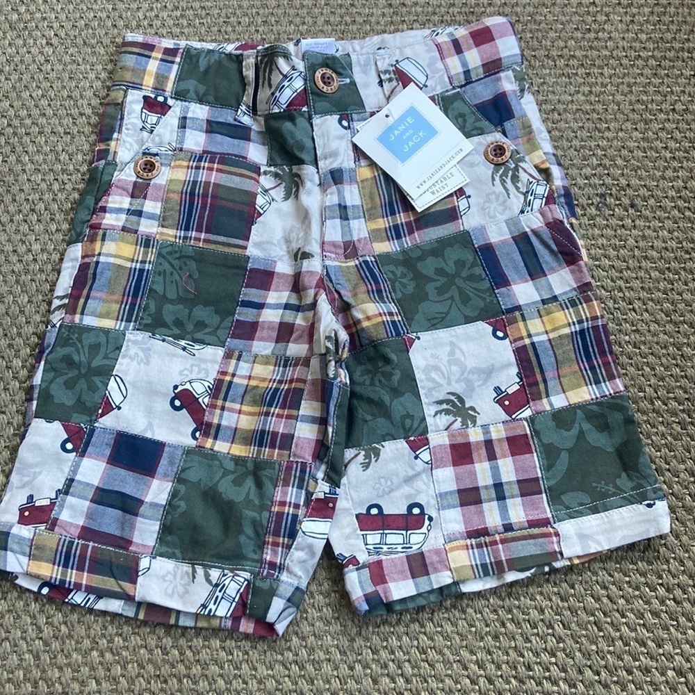 NWT Janie and Jack Boys Tropical Plaid Patchwork Shorts